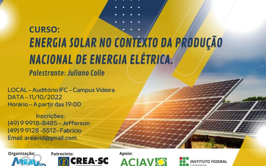 Produção de energia solar será tema de curso promovido pela AREAVID e CREA/SC﻿