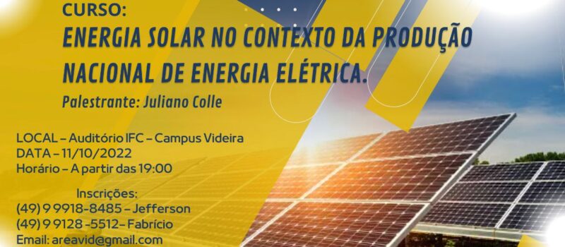 Produção de energia solar será tema de curso promovido pela AREAVID e CREA/SC